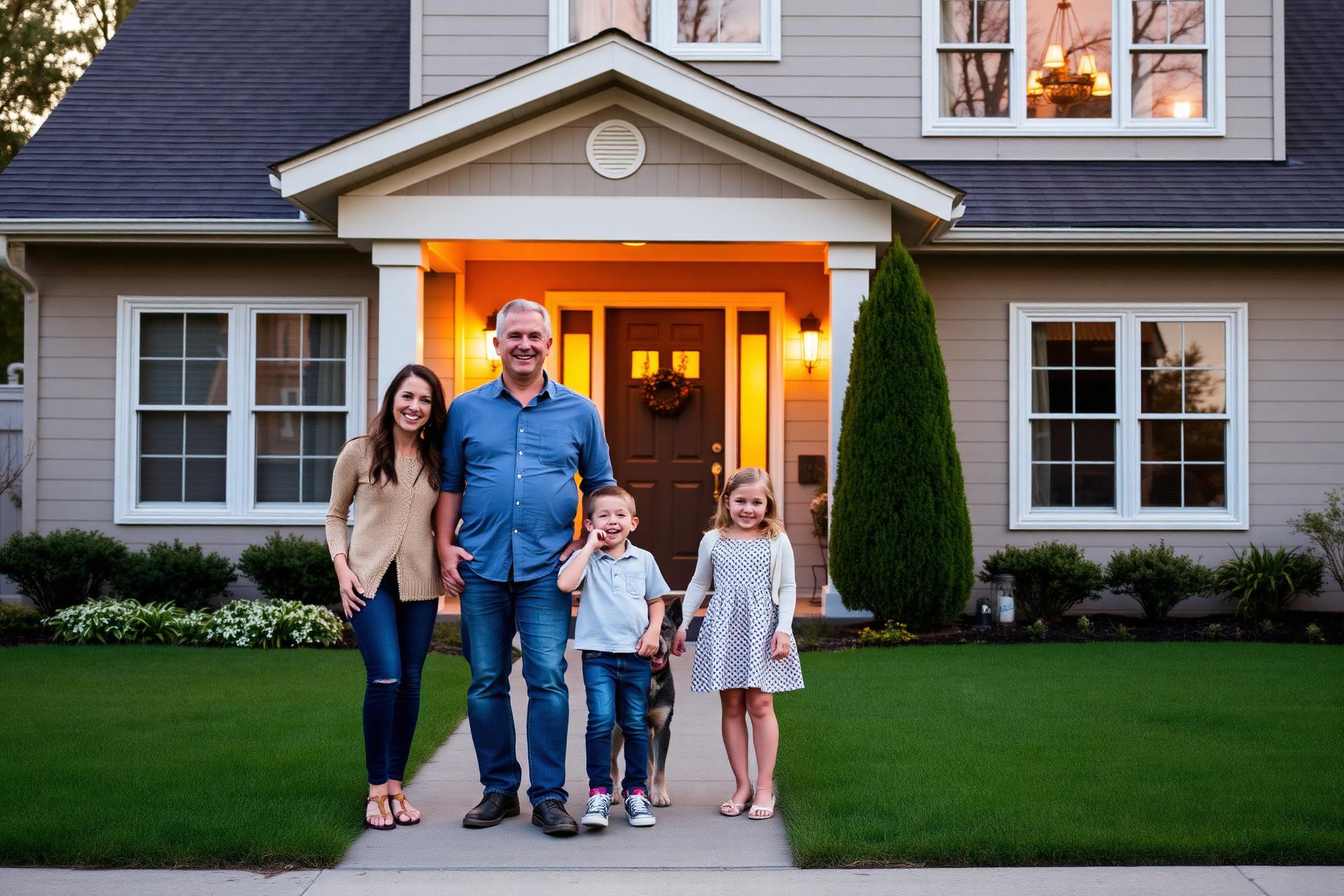 Family standing in front of their Long Island home